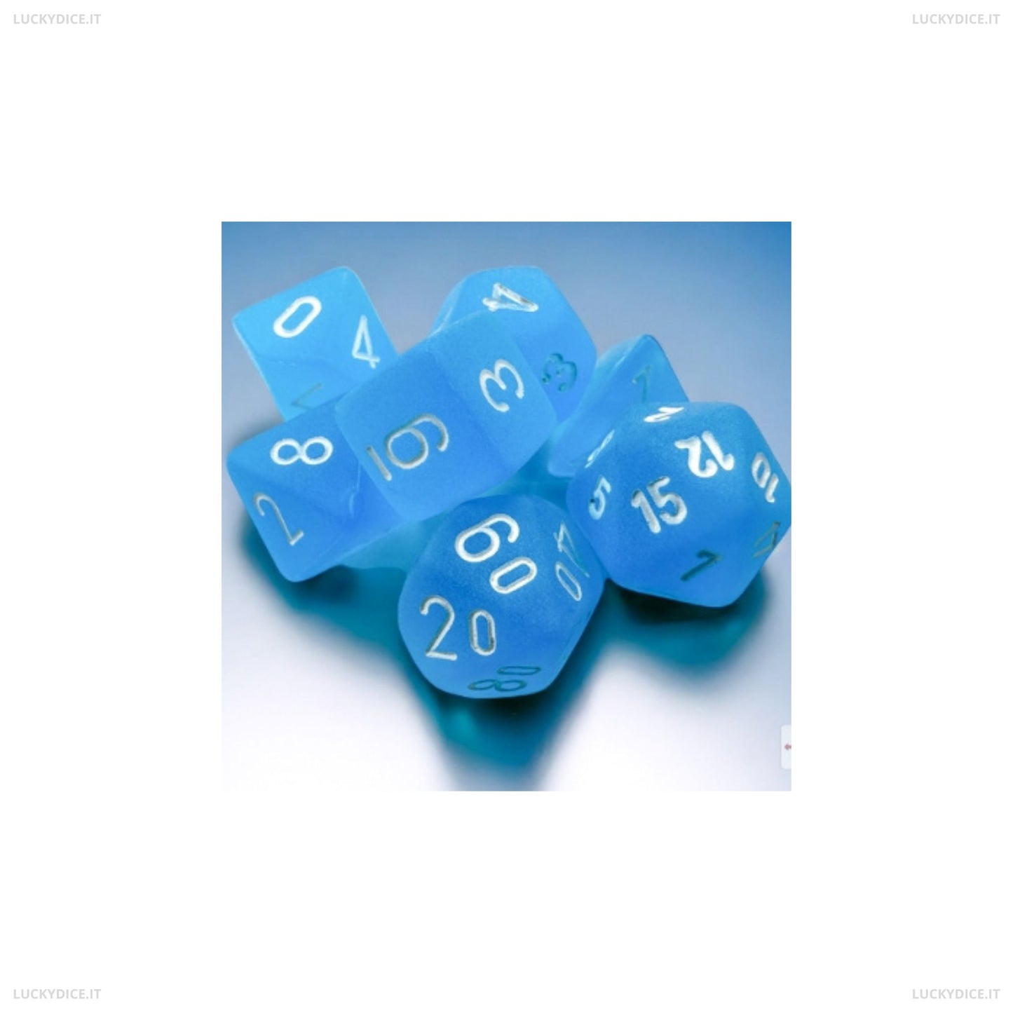 Set 7 Dadi Poliedrici - Frosted Caribbean Blue/White